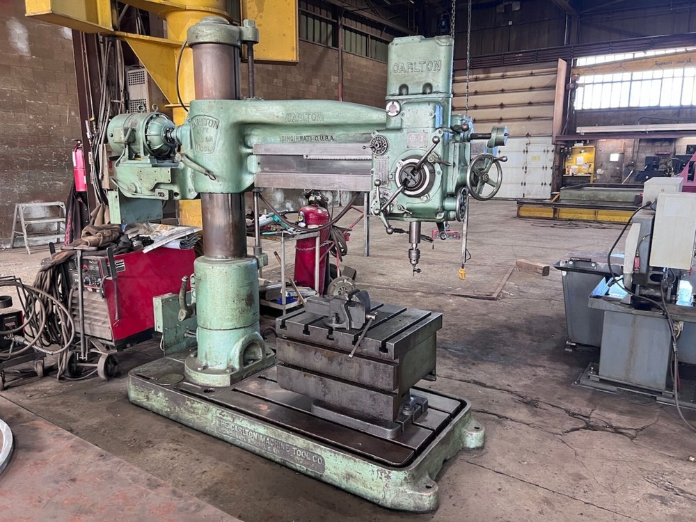 4′ x 11″ Radial Drill, Carlton, power elevation & clamp. Tilting Box Table.