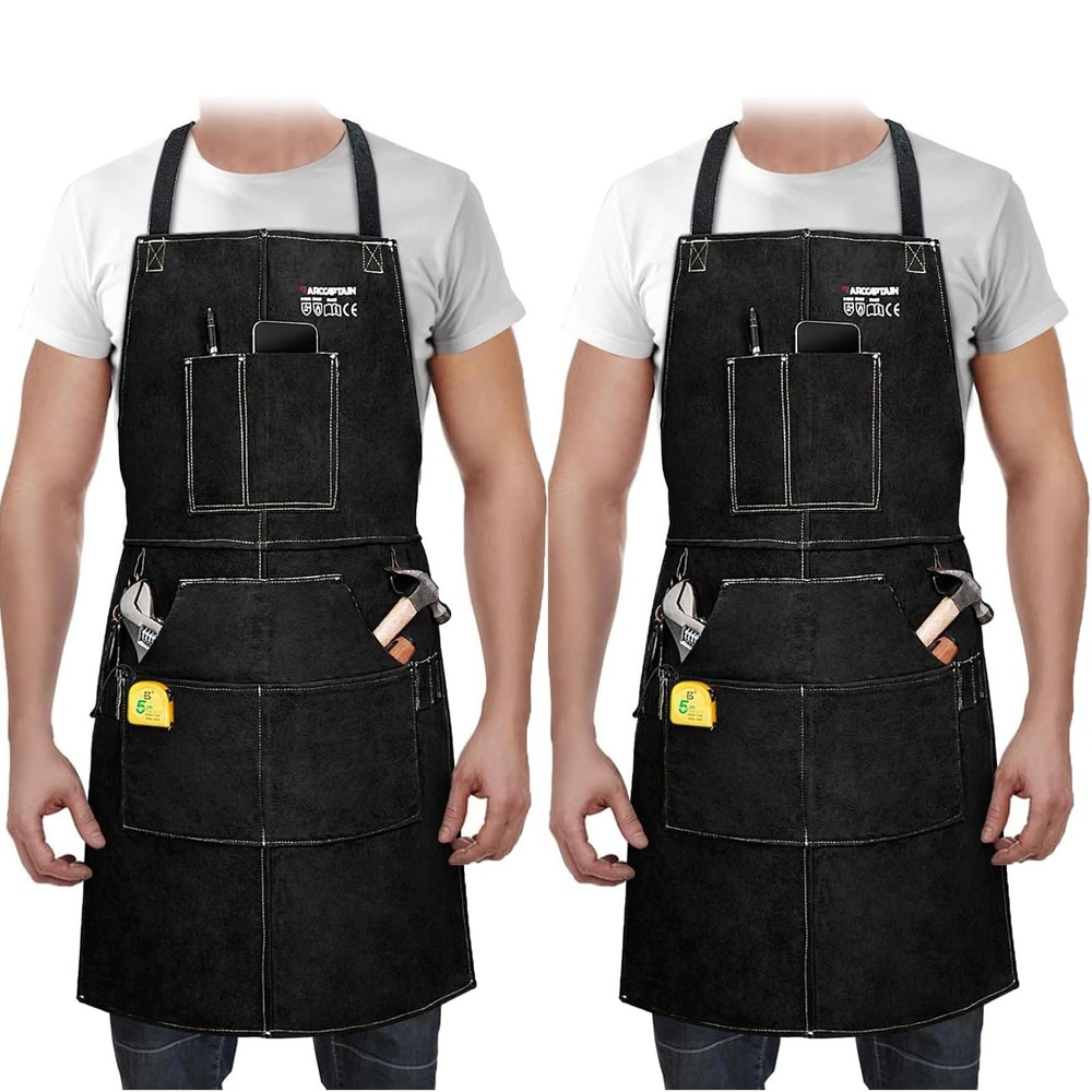 2PCS ARCCAPTAIN Leather Welding Work Apron Heat Flame Resistant Cowhide 6Pockets