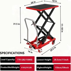 770 Lbs Hydraulic Double Scissor Lift Table 11-59″ Height 4 Wheels Non Slip Red