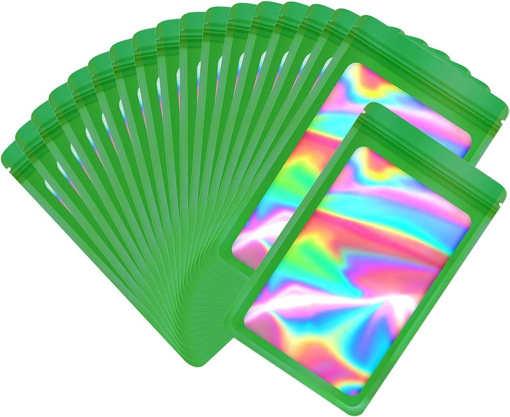 100 Pack Dark Green Holographic Ziplock Bags Resealable Sealable Packaging Bag