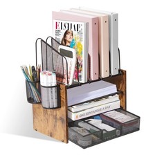 Wooden Desk Organizer, 4-Tier Mesh Desk Organizer with Drawer, Tray & 5 Verti…