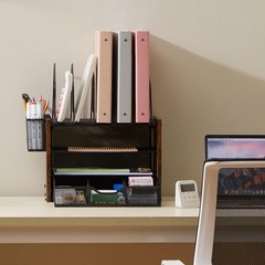 Wooden Desk Organizer, 4-Tier Mesh Desk Organizer with Drawer, Tray & 5 Verti…