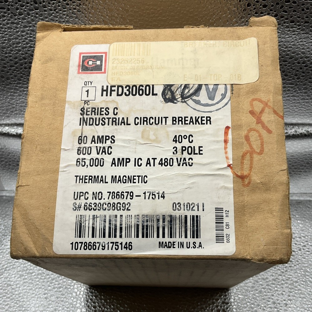 Eaton HFD3060L Industrial Circuit Breaker 60A 600VAC 3-Pole Thermal Magnetic
