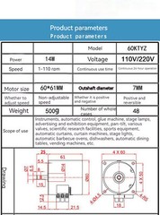 US stock Synchronous Motor 60KTYZ AC 110V 60Hz 15 rpm/m CW/CCW 14W Gear Motor