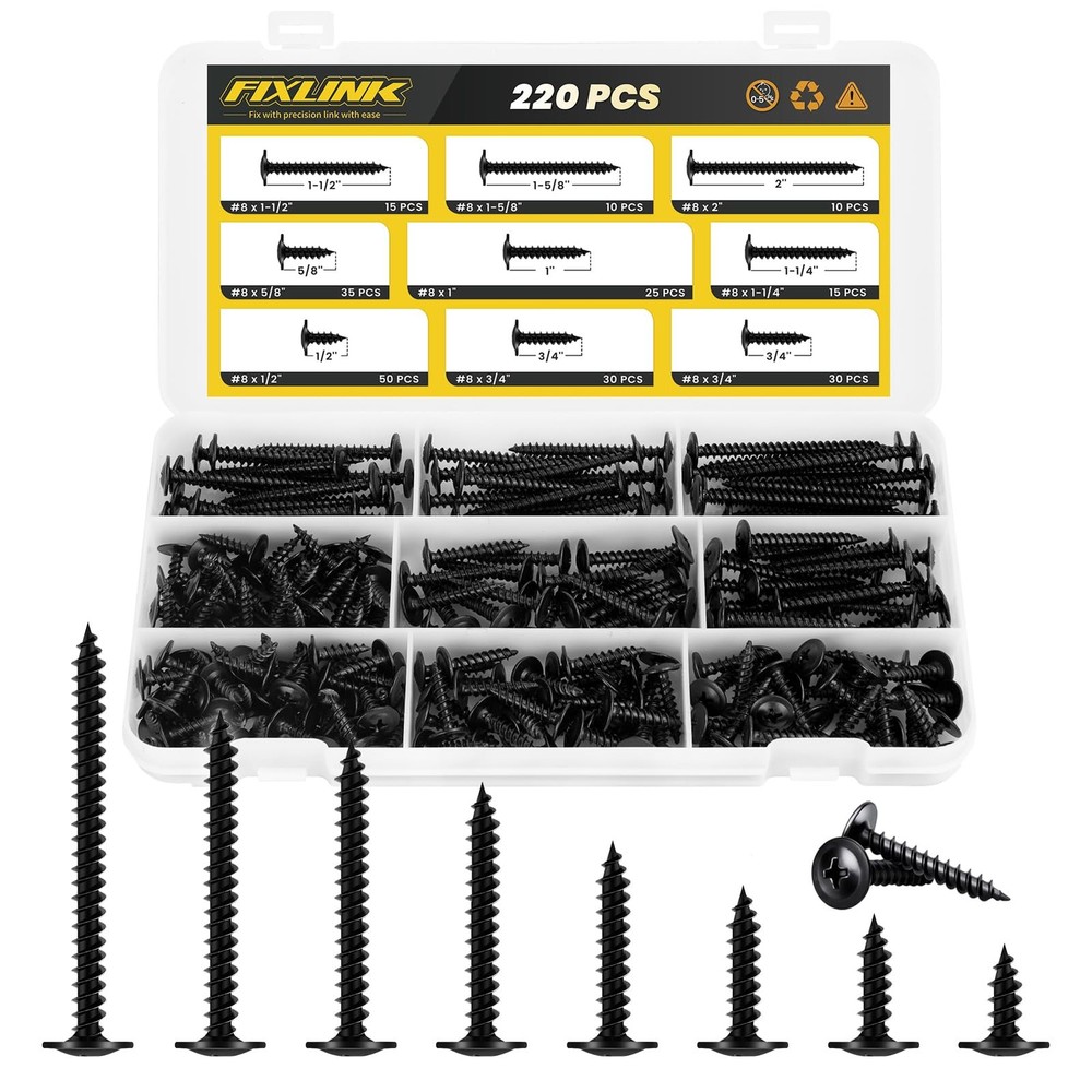 Wood Screws Assortment Kit 220 PCS #8 Phillips Drive Truss Head Black 8 Size