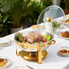 4 PCS 9Qt Round Chafing Dish Buffet Set 316 Stainless Steel Gold W/Glass Lids