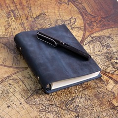 A6 Refillable Notebook,Blue Genuine Leather 5x7In 6 Ring Binder Journal for Men