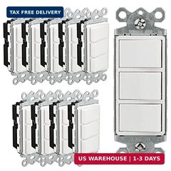 Baomain 10-Pack Triple Rocker Light Switch, 15A 120V Single Pole, 3 Individual S