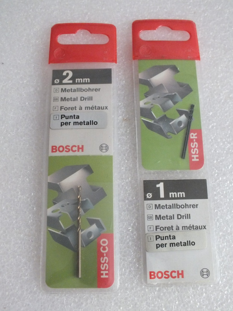 3 x BOSCH Metal Drills – 2 x 1mm HSS-CO and 1 x 2mm HSS – R – New – MG 29