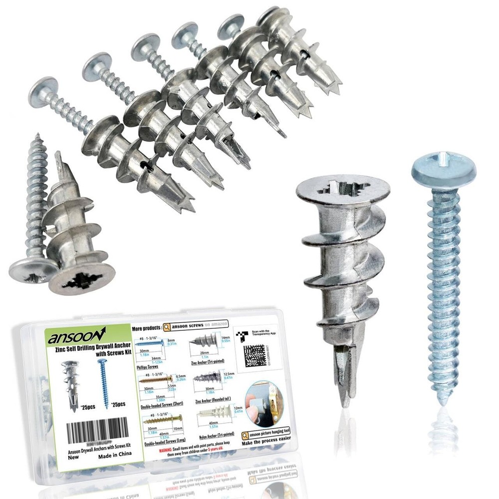 Zinc Self-Drilling Drywall Anchors with Screws Kit, 25 Heavy Duty Metal Wall Anc