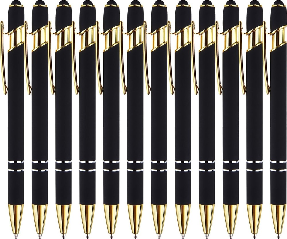 12 Pack Black Gold Ballpoint Pen with Stylus Tip 1.0 Mm Black Ink Smooth Writing