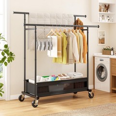 Clothes Rack, Double Rod, 210 LBS, Storage Basket, Black | Rolling Garment Ra…