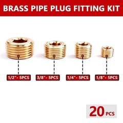 20PCS 1/4″ 1/8″ 3/8″ 1/2″ NPT Male Pipe Plug Brass Internal Kit-20pcs, Yellow
