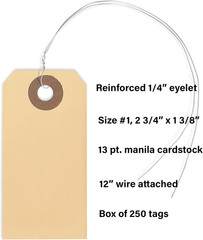 Manila Shipping Tags with Wire 250 Pack 2-3/4 x 1-3/8 Inch Size 1 Label Tag