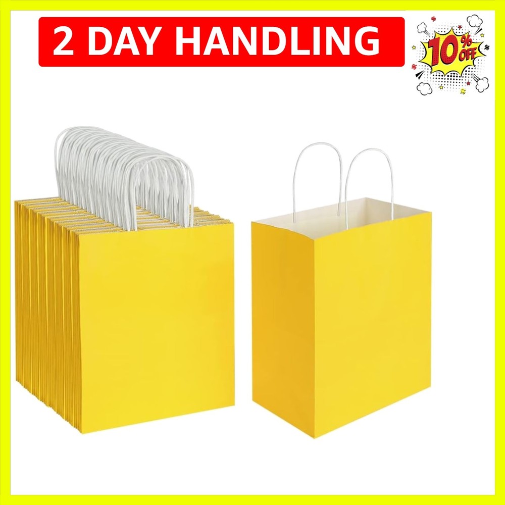 100 Pack 8×4.75×10 Inch Medium Yellow Kraft Paper Bags with Handles Bulk for …