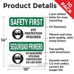 Eye Protection Required Bilingual OSHA SAFETY FIRST Sign Or Decal – 5 or 10 Pack