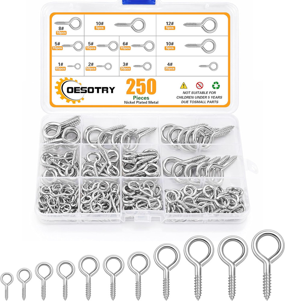 250Pcs Eye Screw Assortment Kit 9 Sizes Heavy Duty Steel Screw-in Hooks Ring Set