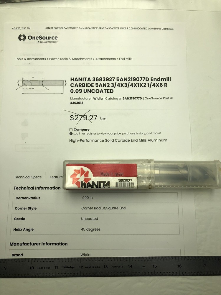 NEW HANITA 3/4″x1″x2-1/4″x6″OAL 2 Flute Carbide End Mill (FOR ALUMINUM).