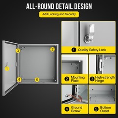 20″Lx20″Hx6″W, IP66 Steel Electrical Enclosure Box with Lock & Waterproof Seal