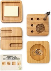 4 Pc Bamboo Desk Organizer Multi-use, Pens, Paperclips , Cell Phone, Note Pad