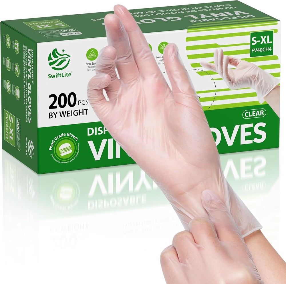 SWIFTLITE Disposable Vinyl Gloves, Food Safe, Latex-Free Powder-Free Clear Plast