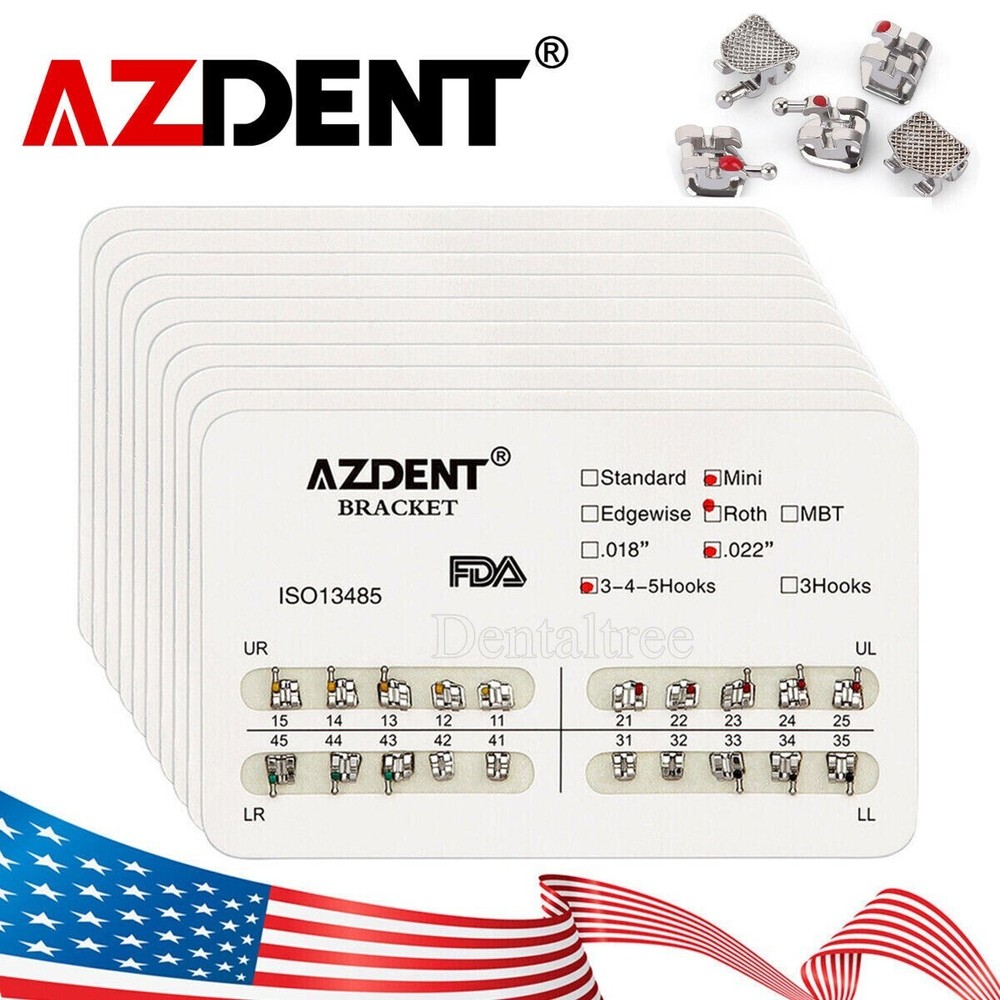 10 Kits AZDENT Dental Orthodontic Metal Brackets Braces Roth.022 Hooks 3-4-5