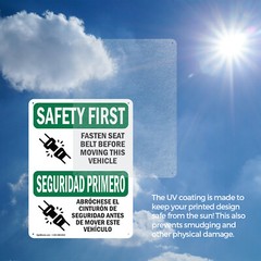 (2 Pack) Fasten Belt Moving Vehicle Bilingual OSHA Safety First Sign Decal Metal