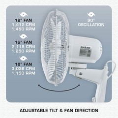 Hurricane Supreme 16 Inch 90 Degree Oscillating 3 Speed Wall Fan, White (2 Pack)