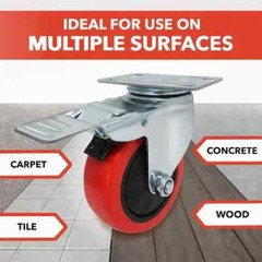 4-PK 3” EVERBILT Red Polyurethane Steel Swivel Plate Locking Wheel 175 lb. load