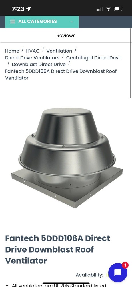 Fantech 5DDD106A Direct Drive Downblast Roof Ventalator