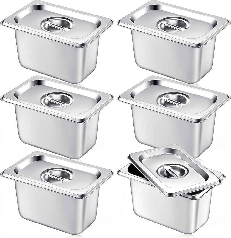 6 Pack Stainless Steam Hotel Pan with Lid, 1/9 Size x 4 Inch Deep Steam Table Pa