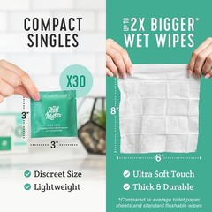 Flushable Wipes Unscented Cucumber Vitamin-E Aloe Individually Wrapped 30