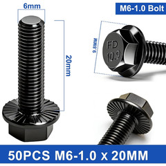 50PCS M6-1.0 X 20Mm Metric Flange Hex Head Bolts,Hex Drive Screws 10.9 Black Zin