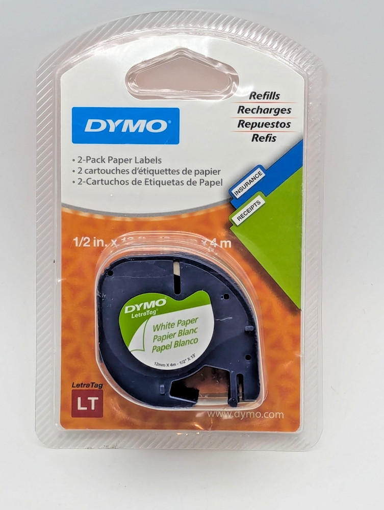 Dymo letratag LT refill 2 Pack Paper Labels 1/2 In X 13 Ft -12 Mm X 4 M White