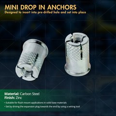1/2″-3/8″in Mini Drop In Knurled Anchors Zinc Plated Carbon Steel (50 Pack) USA