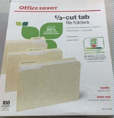 Office Depot Recycled File Folders 1/3-Cut Tab Letter Size Manilla 100-Count Box