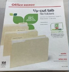 Office Depot Recycled File Folders 1/3-Cut Tab Letter Size Manilla 100-Count Box