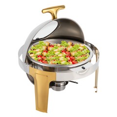 Roll Top Chafing Dish Buffet Set Gold Accent 6.3 Quart Round Stainless Steel