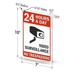 24 Hours Video Surveillance Plastic Sign 10″x7″ Black/Red on White
