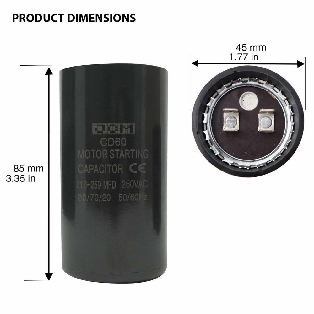 216-259 uF MFD 250V VAC Motor Start Capacitor Round 45x85mm CD60 AC Starting