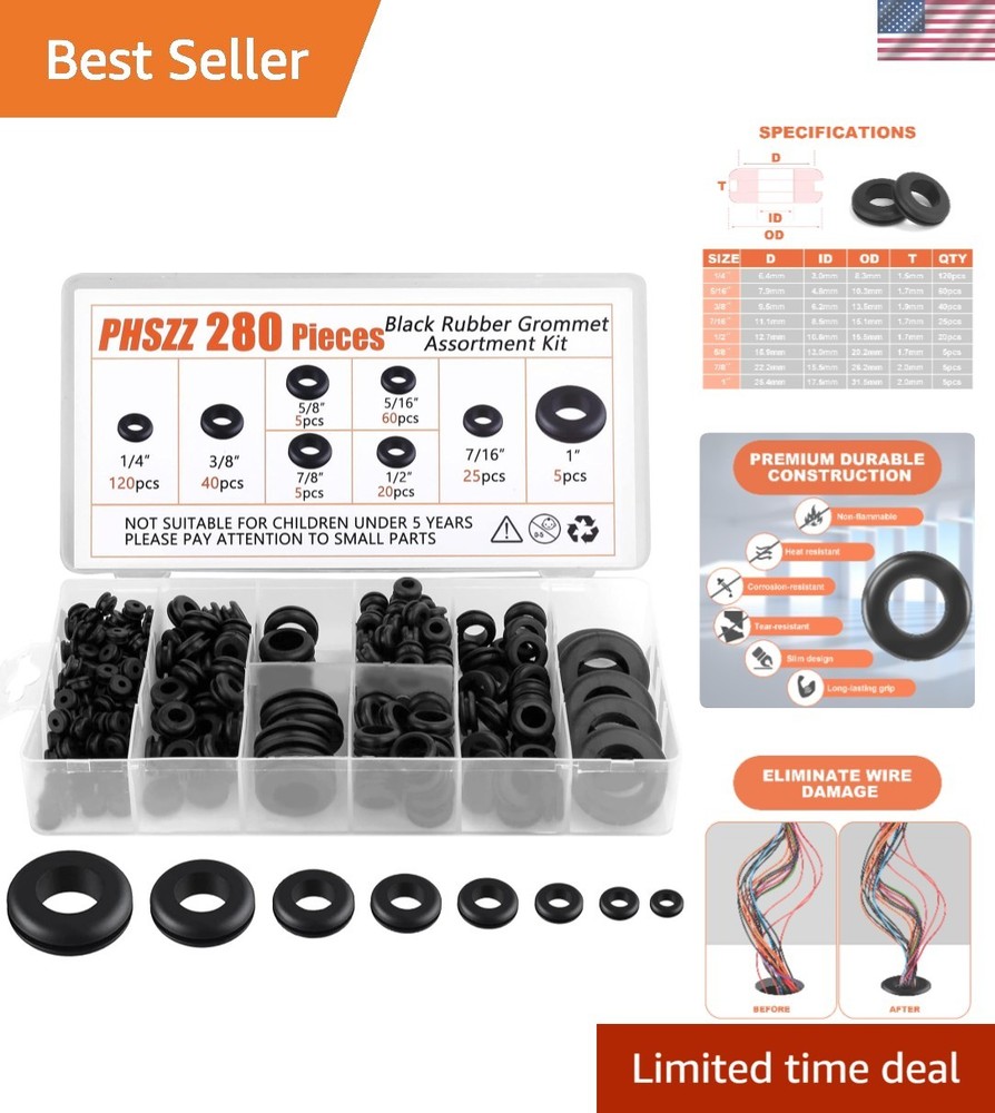 280 PCS Rubber Grommet Assortment for Electrical and Automotive Use
