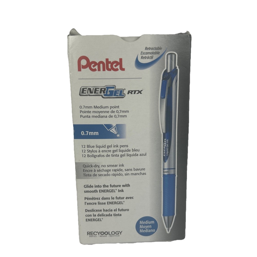 Pentel EnerGel RTX Retractable Gel Pen, Needle Tip Fine Point, Blue ink, 12 pens