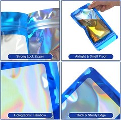 100 Pack Dark Blue Holographic Ziplock Bags Resealable Sealable Packaging Bag