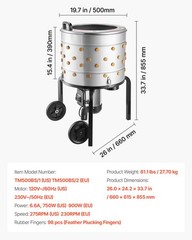 VEVOR 19.7″ Electric Chicken Plucker Machine 750W & 275RPM 114 Fingers & Wheels