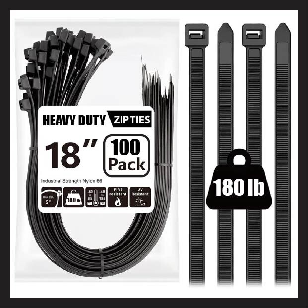 100 PACK! 18″ Heavy Duty Zip Cable Ties, 180lbs, Fencing Fence Garden Tree Wraps