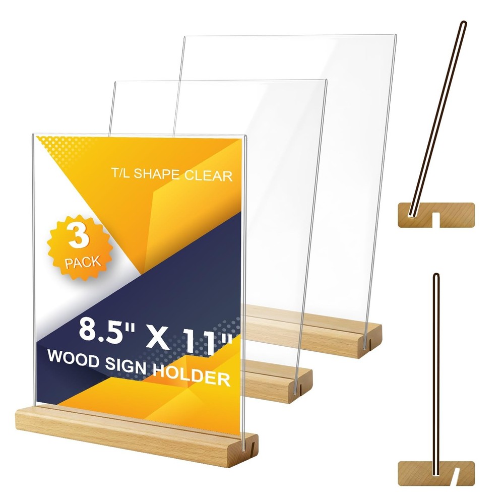 Comix 8.5×11 Acrylic Sign Holder with Wood Base 3 Pack Clear Table Display St…