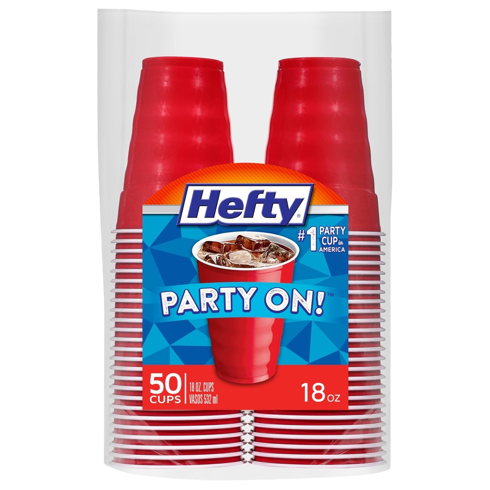 Party On Disposable Plastic Cups, 50 Count, 18 Oz 50 count, Red