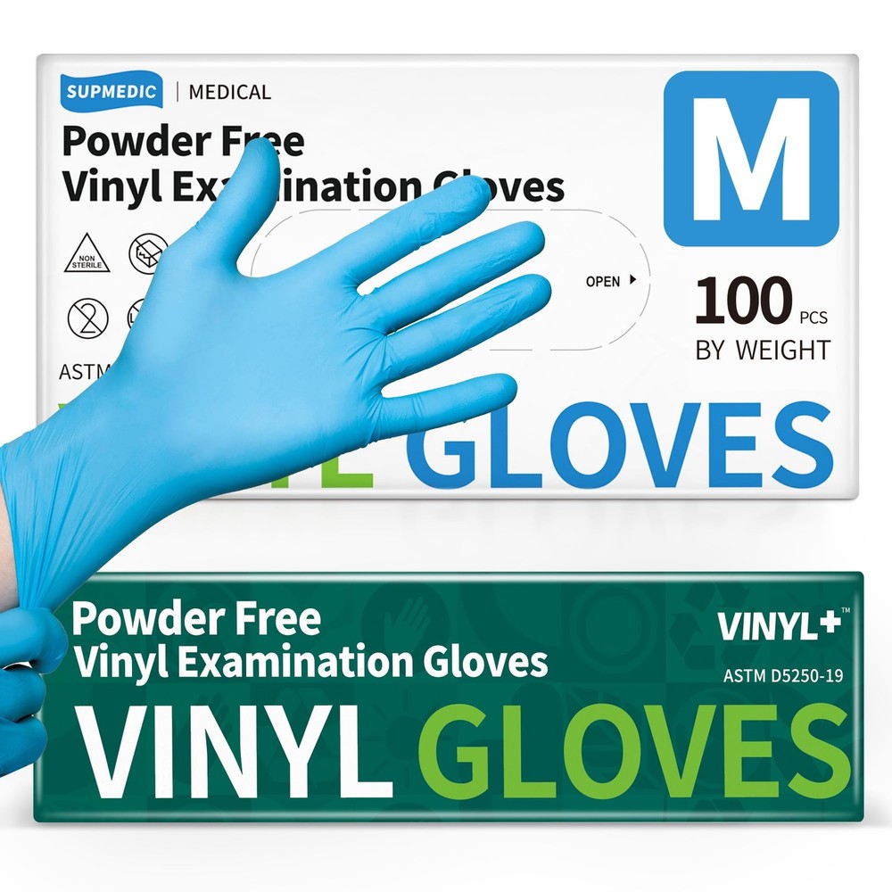 Supmedic Vinyl Disposable Exam Gloves, 4 Mil Medium, 100 Medium (Blue)