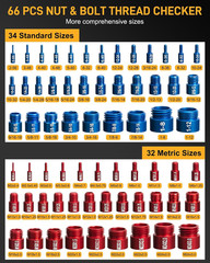 66-Piece Nut and Bolt Thread Checker Kit | 34 SAE (Blue) + 32 Metric (Red) Threa