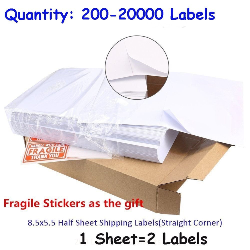 200-20000 Half Sheet Address Shipping Labels 2 Per Sheet 8.5×5.5 Self Adhesive